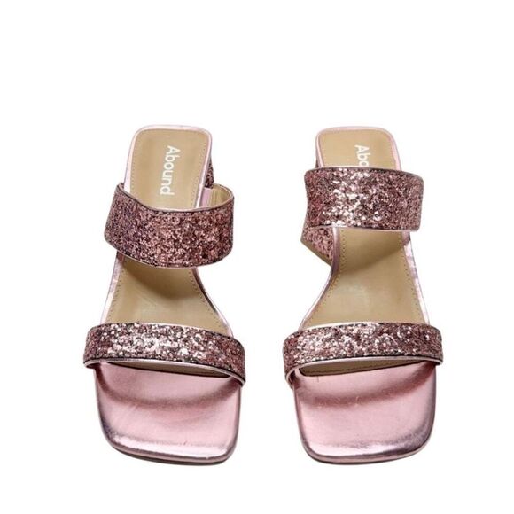 Abound Sandals Size 5 Pink Double Strap Glitter Slip On Open Square Toe Heels - Picture 3 of 8